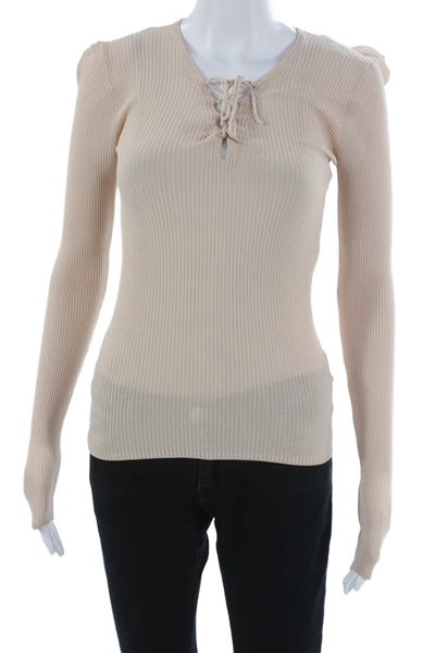Sandro Womens Basic V-Neck Long Sleeve Viscose T-Shirt Beige Pullover Size S