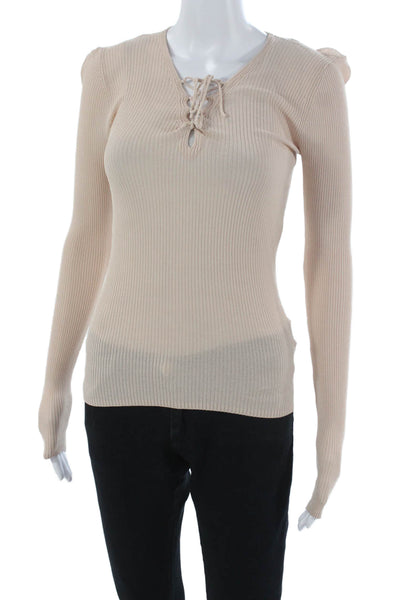 Sandro Womens Basic V-Neck Long Sleeve Viscose T-Shirt Beige Pullover Size S
