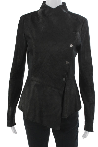 Veronica Beard Womens Black Leather Basic Jacket Button Closure Size 4