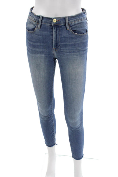 Frame Denim Women Skinny Jeans Blue Button Mid Rise Cotton Blend Size 27