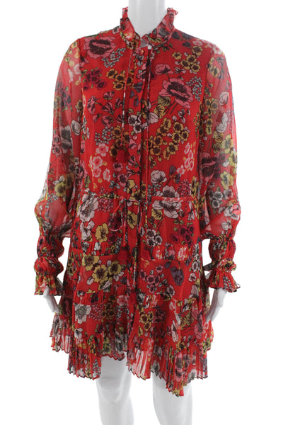 Alexis Women Shift Dress Red Floral High Neck Long Sleeve Button Size S