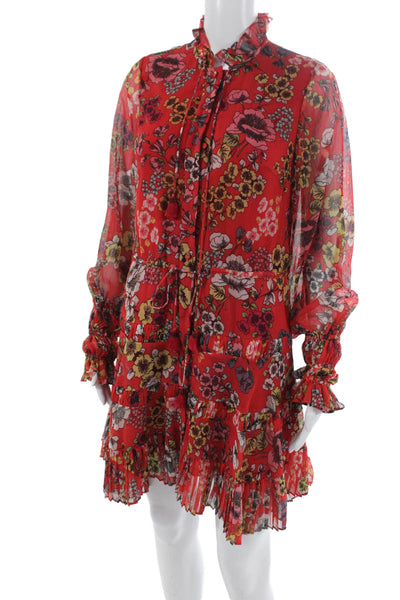 Alexis Women Shift Dress Red Floral High Neck Long Sleeve Button Size S