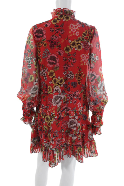 Alexis Women Shift Dress Red Floral High Neck Long Sleeve Button Size S