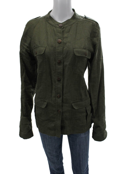 Saks Fifth Avenue Womens Military Jacket Linen Green Button Long Sleeve Size L