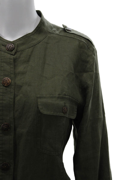 Saks Fifth Avenue Womens Military Jacket Linen Green Button Long Sleeve Size L