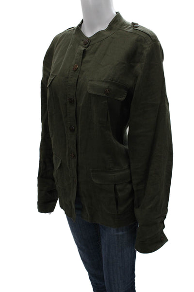 Saks Fifth Avenue Womens Military Jacket Linen Green Button Long Sleeve Size L