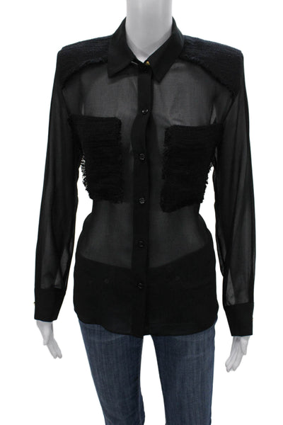 Zara Women Basic Collared Black Cotton Long Sleeve Button-Up Top Size S