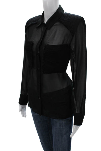 Zara Women Basic Collared Black Cotton Long Sleeve Button-Up Top Size S