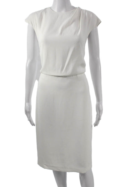 Halston Womens Sheath Dress White Short Sleeve Round Neck Zip Polyester Size 4