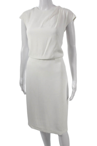 Halston Womens Sheath Dress White Short Sleeve Round Neck Zip Polyester Size 4