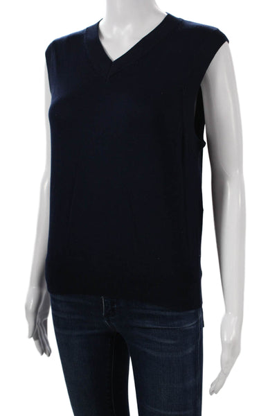Zara Women V Neck Sleeveless Cotton Blend Vest Solid Blue Size S