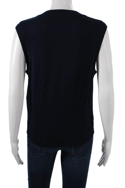 Zara Women V Neck Sleeveless Cotton Blend Vest Solid Blue Size S