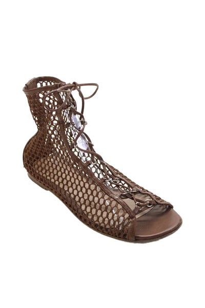 Gianvito Rossi Womens Leather Lace Up Fishnet Sandals Brown Size 38 8