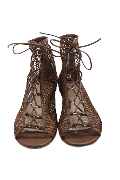 Gianvito Rossi Womens Leather Lace Up Fishnet Sandals Brown Size 38 8