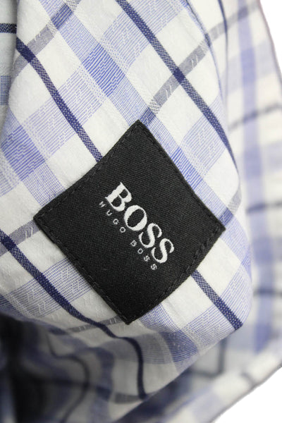 Boss Hugo Boss Mens Plaid Collared Long Sleeve Button-Down Shirt White Size 2XL