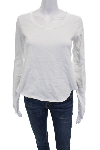 Leallo Women White Cotton Scoop Neck Long Sleeve Basic T-Shirt Size XS