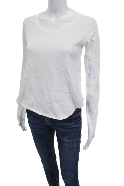 Leallo Women White Cotton Scoop Neck Long Sleeve Basic T-Shirt Size XS