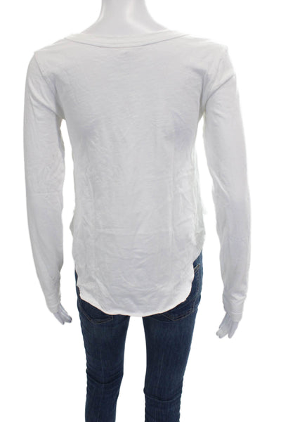 Leallo Women White Cotton Scoop Neck Long Sleeve Basic T-Shirt Size XS