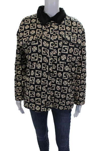 Sandro Womens Quilted Jacket Black Geometric Button Long Sleeve Size 0