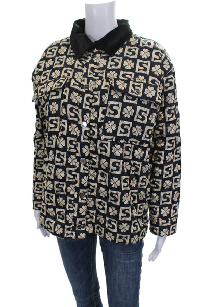 Sandro Womens Quilted Jacket Black Geometric Button Long Sleeve Size 0