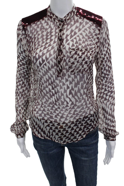 Joes Womens Silk Geometric Collared Long Sleeve Blouse Button White Size S