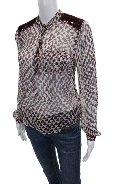Joes Womens Silk Geometric Collared Long Sleeve Blouse Button White Size S