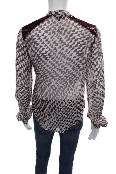 Joes Womens Silk Geometric Collared Long Sleeve Blouse Button White Size S