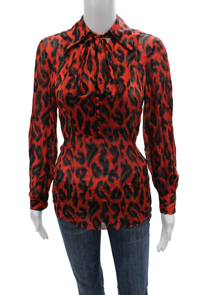 Derek Lam 10 Crosby Women Red Animal Print Collared Long Sleeve Blouse Size 0