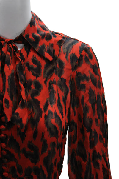 Derek Lam 10 Crosby Women Red Animal Print Collared Long Sleeve Blouse Size 0