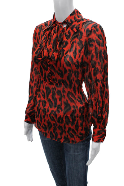 Derek Lam 10 Crosby Women Red Animal Print Collared Long Sleeve Blouse Size 0