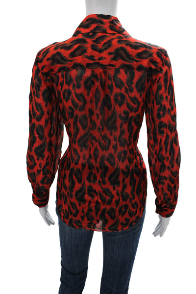 Derek Lam 10 Crosby Women Red Animal Print Collared Long Sleeve Blouse Size 0