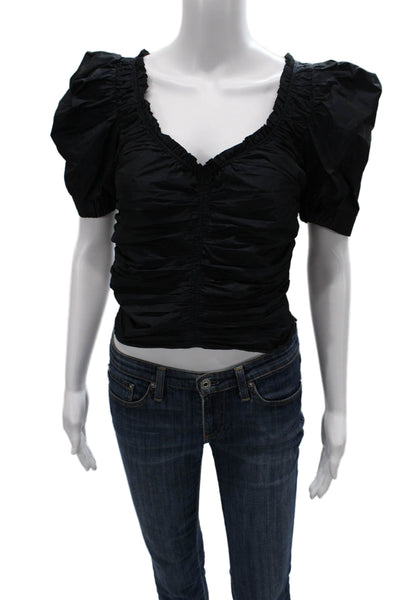 Zara Womens Cropped V-Neck Black Blouse Short Sleeve Zip Polyester Size S