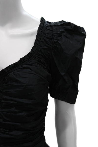 Zara Womens Cropped V-Neck Black Blouse Short Sleeve Zip Polyester Size S