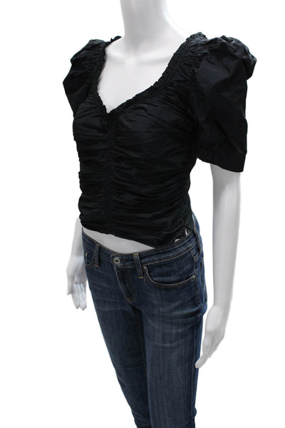 Zara Womens Cropped V-Neck Black Blouse Short Sleeve Zip Polyester Size S
