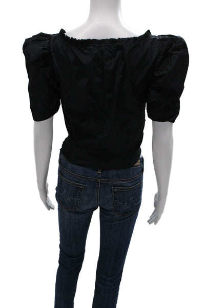Zara Womens Cropped V-Neck Black Blouse Short Sleeve Zip Polyester Size S