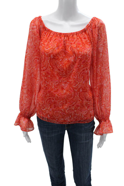 Ramy Brook Womens Paisley Off Shoulder Tunic Blouse Orange Long Sleeve Size S