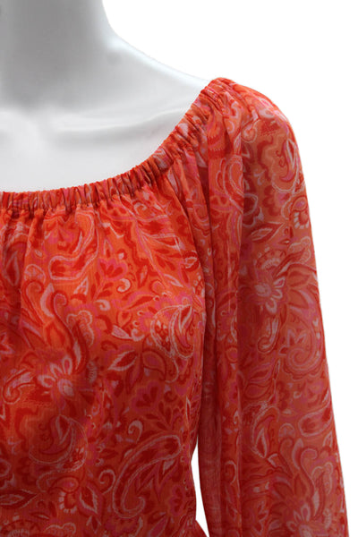 Ramy Brook Womens Paisley Off Shoulder Tunic Blouse Orange Long Sleeve Size S
