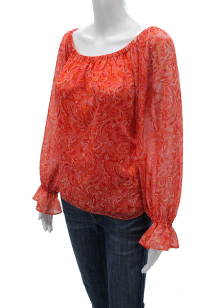 Ramy Brook Womens Paisley Off Shoulder Tunic Blouse Orange Long Sleeve Size S