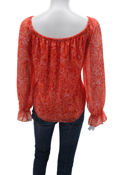 Ramy Brook Womens Paisley Off Shoulder Tunic Blouse Orange Long Sleeve Size S