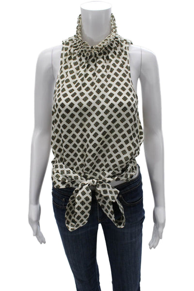 Cinq à Sept Women Silk Geometric High Neck Sleeveless Tie Blouse Size S
