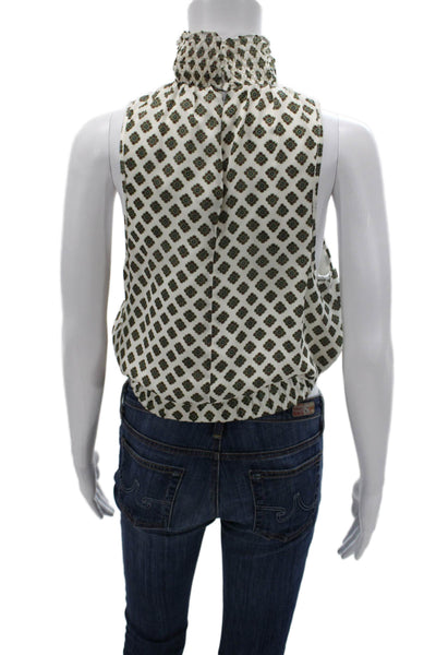 Cinq à Sept Women Silk Geometric High Neck Sleeveless Tie Blouse Size S