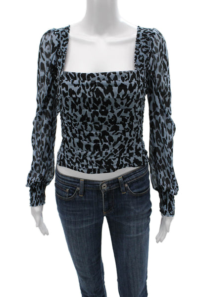 Zara Womens Black Animal Print Square Neck Blouse Long Sleeve Zip Size XS