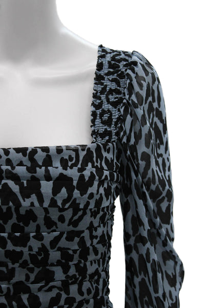 Zara Womens Black Animal Print Square Neck Blouse Long Sleeve Zip Size XS