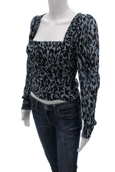 Zara Womens Black Animal Print Square Neck Blouse Long Sleeve Zip Size XS