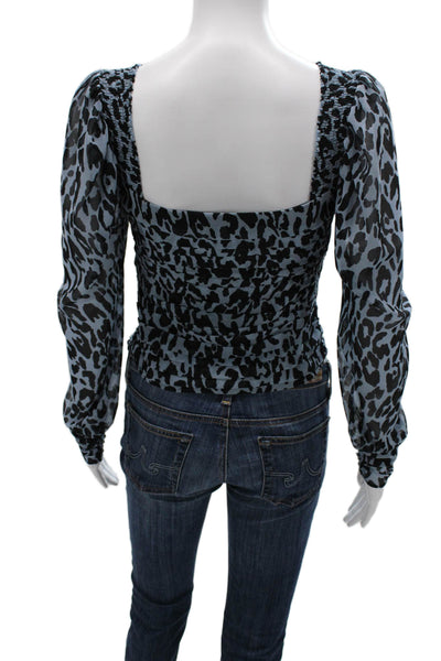 Zara Womens Black Animal Print Square Neck Blouse Long Sleeve Zip Size XS