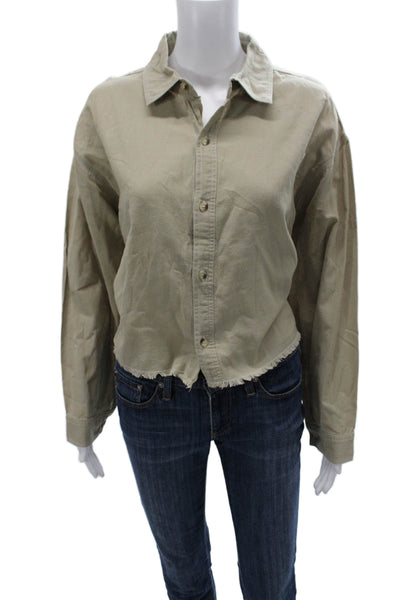 MNG Womens Cropped Button-Up Blouse Beige Cotton Long Sleeve Size S