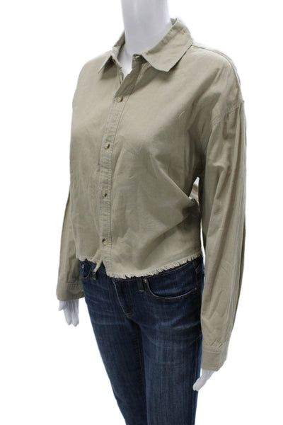 MNG Womens Cropped Button-Up Blouse Beige Cotton Long Sleeve Size S