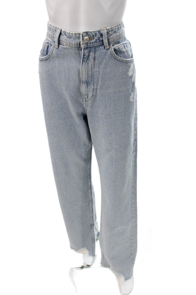 Zara Womens Wide Leg Jeans Blue High Rise Button 100% Cotton Size 6