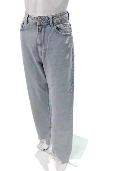 Zara Womens Wide Leg Jeans Blue High Rise Button 100% Cotton Size 6