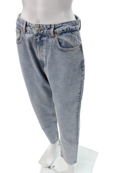 Zara Womens Mom Jeans High Rise Button Blue Cotton Size 8